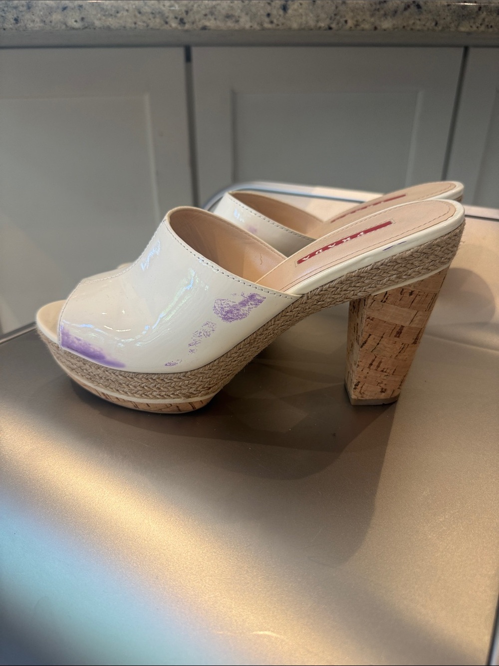 Prada White Patent Platform Mule with jute trim with 4” cork heel